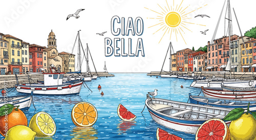 Vibrant illustration of a sunny Italian harbor with boats, colorful buildings, and fresh fruit, evoking a sense of warmth and welcome, perfect for travel and lifestyle marketing.