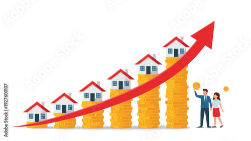 Increasing property prices and real estate investments are shown with houses on rising coin stacks next to a young couple planning.