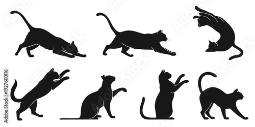 A collection of black cat silhouettes showcasing various playful and dynamic poses. Vector