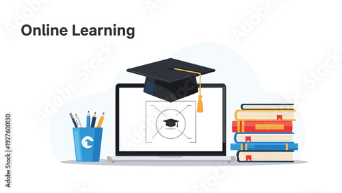 Modern online learning environment features a laptop with a graduation cap icon, book stacks, and essential desk supplies for study.