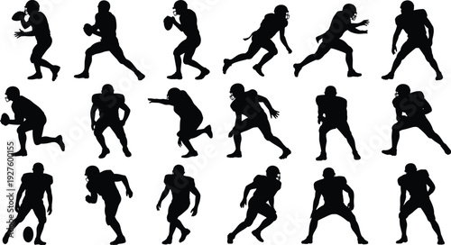 Large silhouette collection of American football players in action poses including throwing running and tackling isolated on white background for sports team design