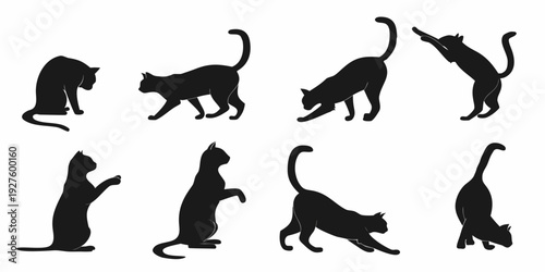 A collection of black cat silhouettes in various playful and relaxed poses Vector