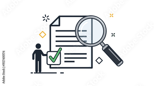 Employment document review or user profile verification is illustrated with a magnifying glass and a successful green checkmark.