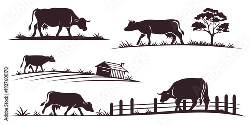 A diverse group of animals grazing and roaming in a rural countryside setting. Vector