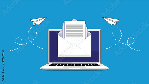 Professional email communication and marketing campaigns are shown with envelopes flying from a white laptop screen for outreach.