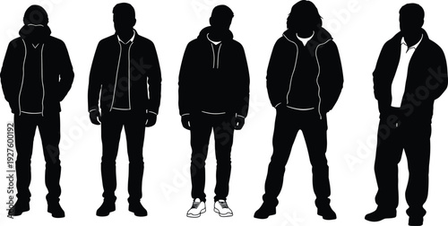 Group of men silhouettes in casual winter jackets hoodies parkas bombers, standing poses hands in pockets, black full body figures vector illustration.