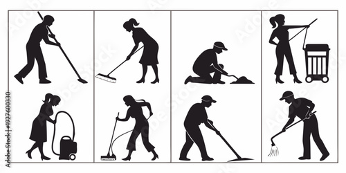 A series of silhouettes depicting people engaged in various cleaning activities Vector