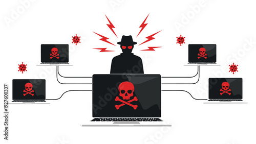 Large-scale cyber security breach and malware network are depicted with a central hacker and many infected laptops with red skulls.
