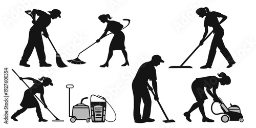 A sequence of images showing a person performing various gardening tasks. Vector