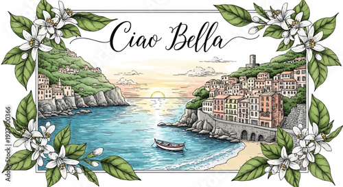 A serene Italian coastal town at sunset, with a picturesque boat on the sea, colorful buildings on cliffs, and lush greenery, perfect for travel and romance themes.