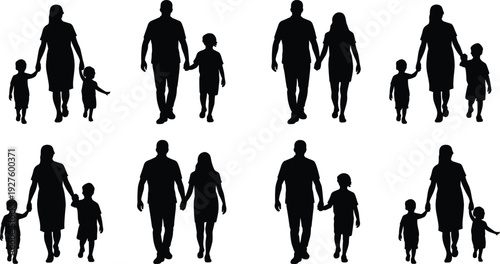 Silhouettes of adults walking hand in hand with children, family relationship illustration, parenting, guardianship, love and care concept