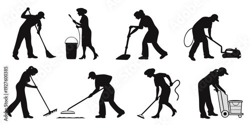 Diverse silhouettes of people engaged in various gardening activities. Vector