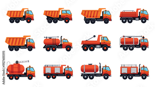 Large set of heavy-duty construction vehicles and transport trucks including dump trucks, fuel tankers, and red fire engines.