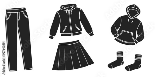 A variety of clothing items including pants, jackets, skirts, and socks Vector