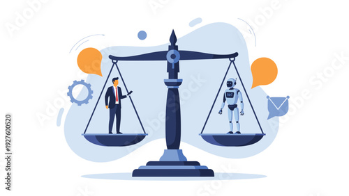 Scales of justice or equality balancing a human businessman and an artificial intelligence robot in a modern office environment.