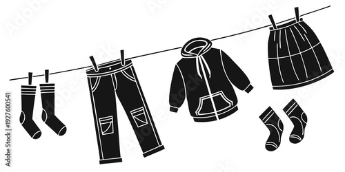 A variety of clothing items hanging on a clothesline to dry. Vector