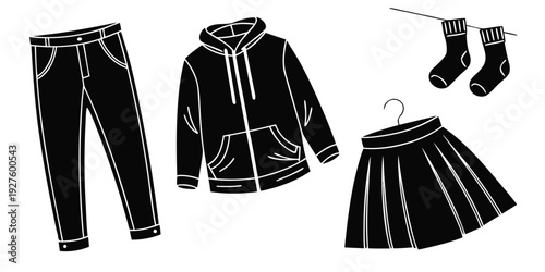 A stylish outfit featuring a jacket, pants, skirt, and accessories Vector