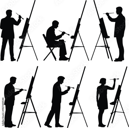 Silhouette collection of artists painting on easels featuring men and women in various standing and sitting poses for art class concepts