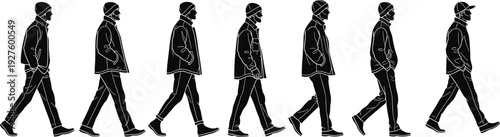 Group of men walking in side profile black silhouette sequence winter jackets beanies confident stride urban street fashion male figures vector set