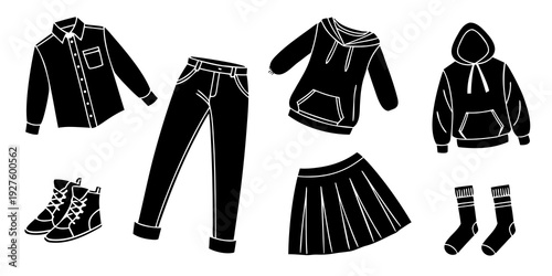 Assorted winter clothing items including jackets, pants, skirts, and boots Vector