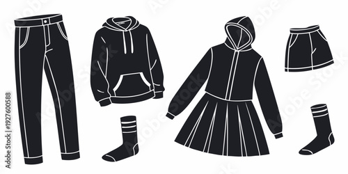A collection of stylish and elegant black and white outfits for women Vector