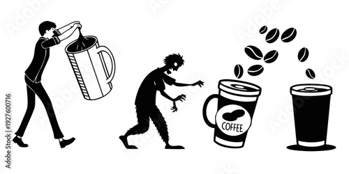 A person is depicted making coffee, starting with beans and ending with a cup. Vector