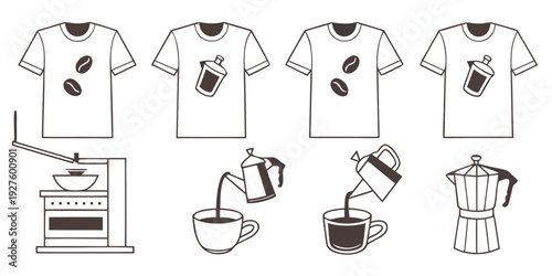 Illustrations of various white t-shirts with different designs and a person sewing Vector