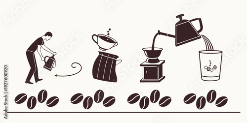 A person making coffee with a variety of coffee beans and tools Vector
