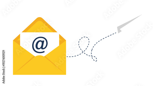 Sending an email is represented by an open envelope containing an at symbol and a paper plane taking flight in the air.