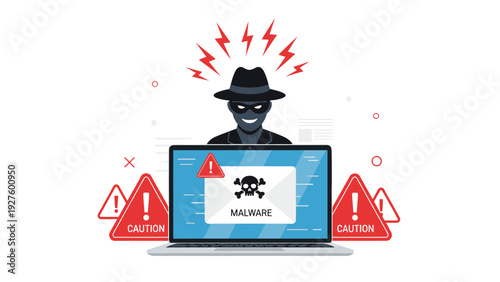 Cyber criminal is distributing malware through a laptop while being surrounded by red caution and alert signs.