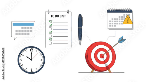 Business productivity tools including a to-do list, calendar, clock, and a bullseye target with an arrow hitting the center.