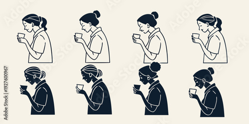 A series of illustrations depicting the process of a person brushing their teeth. Vector