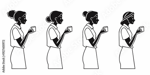 Four women in traditional attire performing a cultural dance in a line Vector