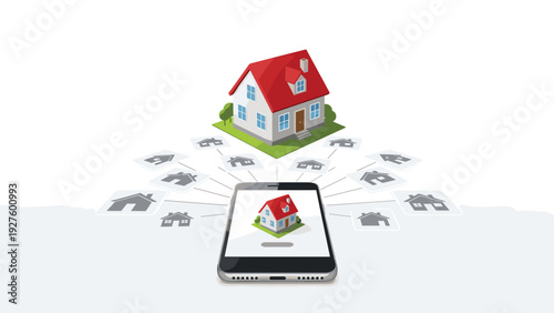Real estate search or smart home management application showing multiple houses connected to a central property.