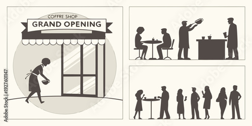Illustration of a man walking through a revolving door with multiple people. Vector