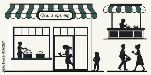 A bustling city street scene with various shops and people going about their day. Vector