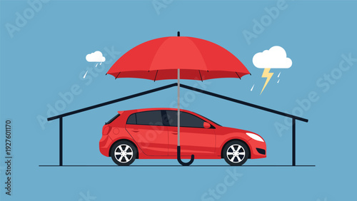 Comprehensive car insurance protection represented by a large red umbrella shielding a vehicle from the rain and storm.