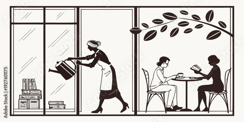 A man is sweeping the floor while a woman is working at a desk in an office. Vector