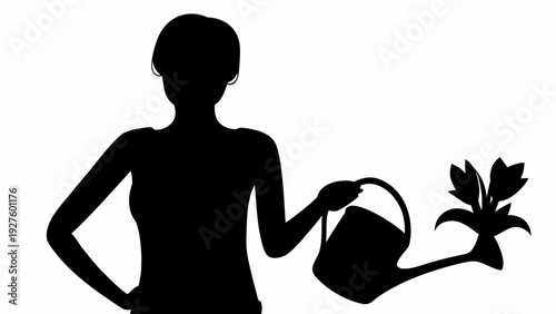 Woman watering plant with confident stance and modern style