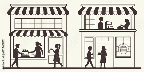 A bustling street scene with people shopping and walking past various storefronts. Vector