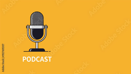 Retro style professional microphone icon over bright yellow background with podcast text for audio broadcasting theme.