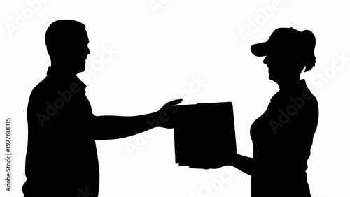 Man and woman in silhouette exchanging package