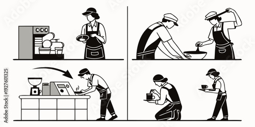 A sequence of images depicting a man's journey from a desk job to a life of adventure. Vector