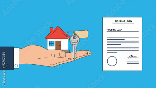 Businessman hand holding small house model and silver keys next to housing loan application for real estate investment.
