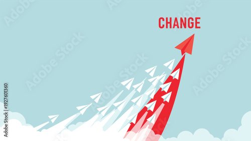 Red paper plane leading many white planes upwards towards change text representing business transformation and leadership.