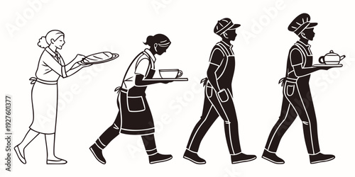 A sequence of people walking with varying postures and carrying different objects. Vector