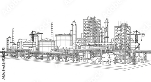 Detailed industrial plant sketch showcasing complex infrastructure and machinery.