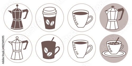 Assorted kitchen items including cups, bowls, and utensils displayed in a row Vector