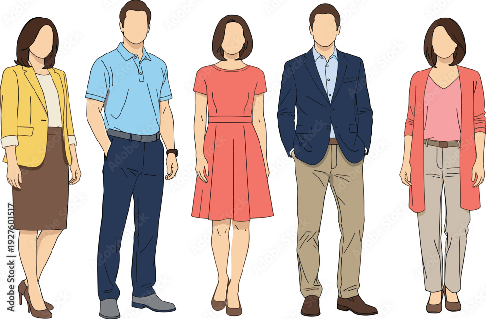 Obraz premium Diverse smart business casual outfits for men and women, colorful flat vector fashion illustration, blazer polo dress cardigan professional lineup