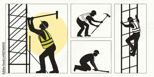 Illustration of various methods of climbing a ladder safely and unsafely Vector